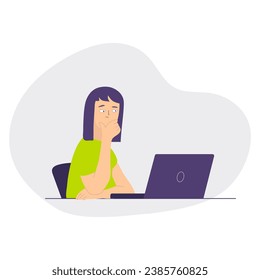 Young blue-haired woman thoughtfully looking in laptop. Puzzled girl with hand near her face working in computer.