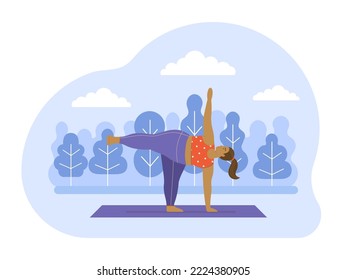 Young body positive female practicing Hatha Yoga in open air city park. Plus size girl doing fitness exercises on yoga mat in nature. Sports for women, outdoor healthy activity and wellbeing concept.