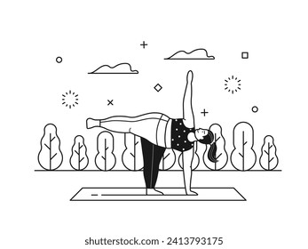 Young body positive female practicing Hatha Yoga in open air city park. Plus size girl doing fitness exercises on yoga mat in nature. Outdoor sports for women healthy activity concept in line art.