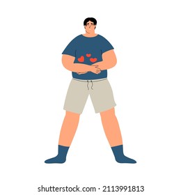 Young body positive man hugging himself. The guy is in love. Self love concept. Vector illustration hand drawn