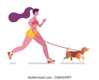 Young body positive woman with audio player listening music and running with dog in harness. Active girl wearing sport bra and shorts jogging with beagle on leash.