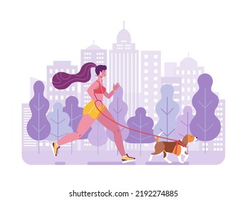 Young Body Positive Woman With Audio Player Listening Music At Park While Running With Dog In Harness. Active Girl Wearing Sport Bra And Shorts Jogging With Beagle On Leash. Healthy Lifestyle Concept.