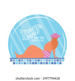 Young body positive woman near swimming pool. Summer vacation seaside concept. Lettering text destination: summer, find your happy place. Vector stock illustration isolated on white background. EPS10