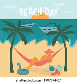 Young body positive woman on beach. Summer vacation seaside concept. Lettering text Beach day. Vector stock illustration for advertisement beach party or travel agency. EPS10