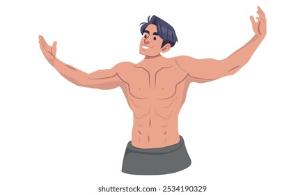 young bodybuilder man with open arms showing off his muscles, Confident Bodybuilder In A Strong Pose. Vector illustration.