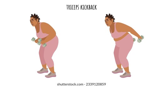Young bodypositive woman doing triceps kickback exercise. Feminism, self acceptance and liberty. Active lifestyle. Sport, wellness, workout, fitness. Flat vector illustration