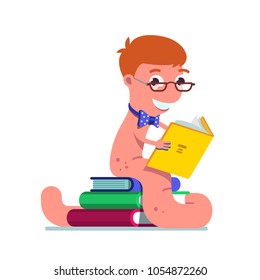 Young bookworm boy sitting on a pile of books reading a book. Clever bookworm kid reader wearing glasses and bowtie funny caricature. Flat style isolated vector illustration