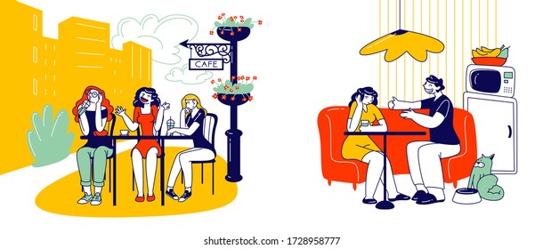 Young Bored Women Listening Annoying Friend in Outdoors City Cafe. Girl Boring of Talking Man. Male and Female Characters Uninvolved in Conversation, Friends Meeting. Linear Vector People Illustration