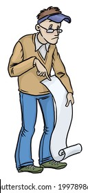 Young boring man checks a large list. A series of cartoon characters.