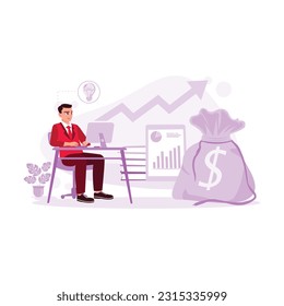 Young boss busy with the computer in the office, trying to solve problems, and generating ideas for company success. Trend modern vector flat illustration.