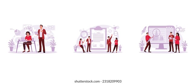 Young boss talking about the project with the employee. Young business people gather and celebrate successful business agreements. Business creative team discussing rising chart. Trend Modern vector 