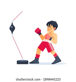 Young Boxer doing some training on a Double End Speed Ball Boxing Bag at a gym, kid taking up a new hobby. Cartoon flat vector illustration on white background.