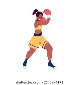 A young boxer girl in gloves strikes with a hook from below. The athlete attacks the opponent. A woman performing at competitions in a sports uniform with muscles. Vector illustration isolated on