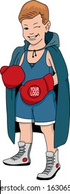 a young boxer in gloves and uniform comes to the fight in a Cape and smiles