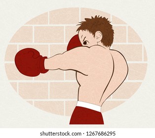 Young boxer in  red shorts trained against a brick wall. Isolated illustration for emblem, label, badge, flyer, leaflet. Horizontal. Vector with noise and texture, marble textured background.
