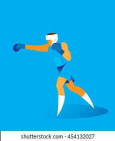 Young boxer is shadow boxing in the ring. Blue background
