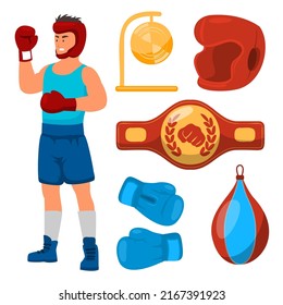 Joven boxeador en ropa deportiva de pie con equipo de boxeo y cinturón de boxeo en personaje de caricatura, ilustración vectorial