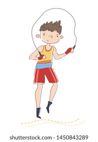 Young boxer training in gym. Smiling caucasian sportsman is jumping on rope. Concept of professional sport. Guy preparing to competition. Vector illustration. Isolated on white background