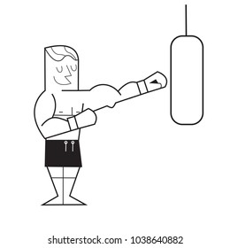Young boxer training with a punch bag. Vector cartoon illustration.