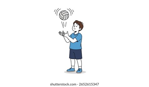Young boy actively playing a game of volleyball outdoors practicing his skills and tossing the ball up for a serve or spike