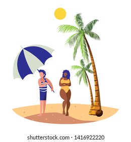 young boy with afro woman on the beach summer scene
