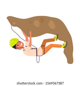 Young boy alpinist in yellow helmet climbing hill vector illustration