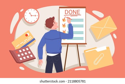 Young boy analyzing and completing tasks checklist. Effective time management for to do list, daily scheduled and planned activities, filling accomplished plans flat vector illustration