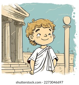 Niño en la antigua grecia. Gráficos vectoriales. Ilustración para un niño. Joven sonriente y alegre.