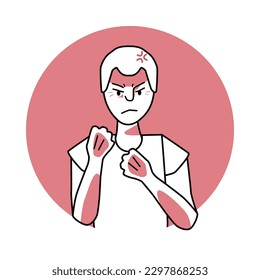 Young boy with angry emotion, facial expression with hands. Annoyed teenager with white hair, expressing his negative feelings with gestures. Red vector circle icon.