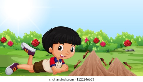 Young boy with an ant mound illustration