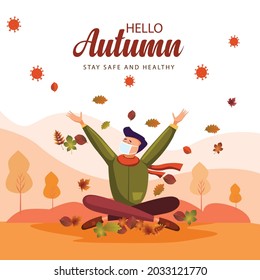 young boy  with autumn leaves. hello autumn illustration design. he throws up autumn leaves. covid 19, corona virus concept.