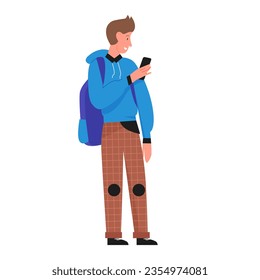 Young boy with backpack calling. Teenager using smartphone vector illustration