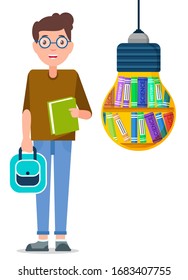 Young boy with backpack and copybook in hands ready for studying. Student stand near big light bulb with books. Teenager learning educational material using online library. Vector illustration in flat