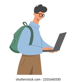 Young boy with a backpack and glasses holding a laptop in his hands. The concept of online education or work outside the office. Flat vector illustration isolated on white background.