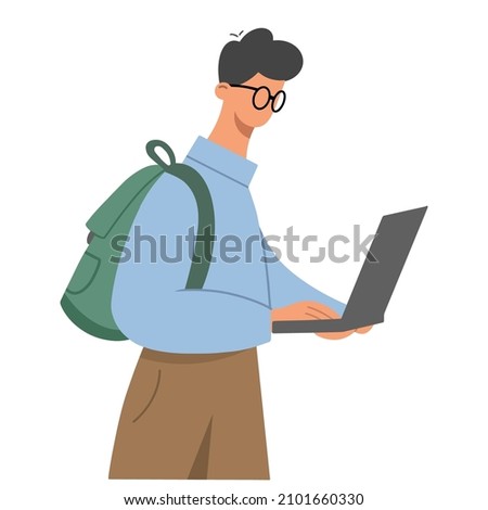 Young boy with a backpack and glasses holding a laptop in his hands. The concept of online education or work outside the office. Flat vector illustration isolated on white background.