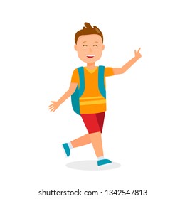 Young Boy with Backpack Running Flat Illustration. Toddler Cartoon Character. Teenager on Summer Holidays Vector Clipart. Pupil Going Home after School, Classes. Schoolkid in T-shirt, Shorts, Sneakers