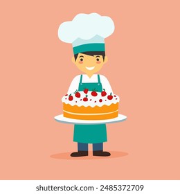 Young boy baking strawberry cake vector illustration. Pastry chef preparing cherry cake for bakery shop. children boy holding tray of cake in flat design.