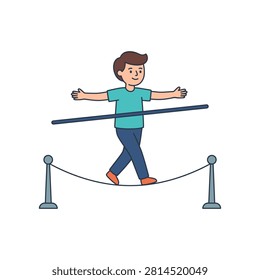 Young boy balancing on tightrope with pole