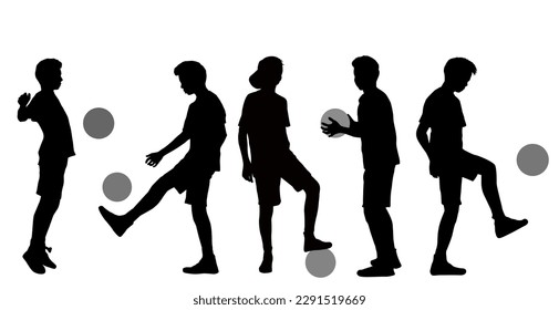 Young boy with ball silhouette, active teenager playing football vector illustration