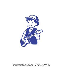 Un niño con una gorra de béisbol toca una guitarra eléctrica.