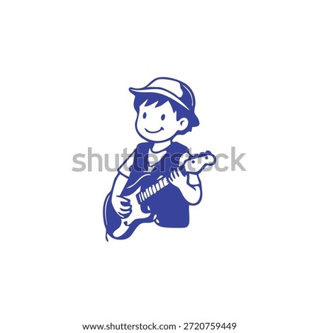 A young boy in a baseball cap plays an electric guitar.