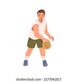 Young boy basketball player with ball isolated flat cartoon character. Vector illustration of small pupil playing basketball in sportswear uniform, active hobby sport