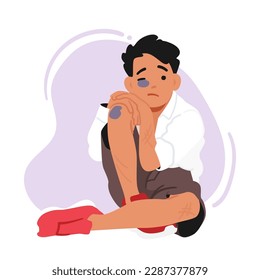 Young Boy Bears Bruises From Domestic Violence. Image Portrays Painful Reality Of Abuse And Can Be Used To Raise Awareness And Advocate For Victims Of Domestic Violence. Cartoon Vector Illustration
