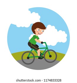 young boy in bicycle isolated icon