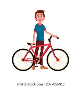 young boy with bicycle on street cartoon vector. young boy with bicycle on street character. isolated flat cartoon illustration