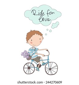 Young boy with bike. Cute cartoon vector illustration.