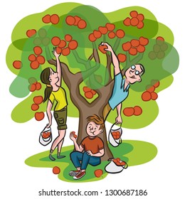 Young boy bites into an apple as his parents pick fruit from the tree.