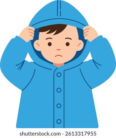 A young boy in a blue hoodie pulls the hood over his head, showcasing a thoughtful expression in a lively and engaging scene.