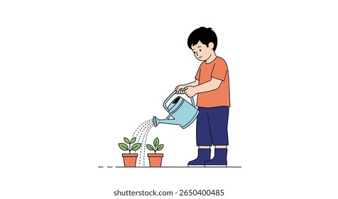 A young boy in blue rubber boots waters small plants growing in terracotta pots with a light blue watering can