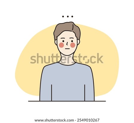 Young boy blushing, feeling shy or embarrassed. Reaction, facial expression, mood concept. Hand drawn thin line style character vector illustrations.